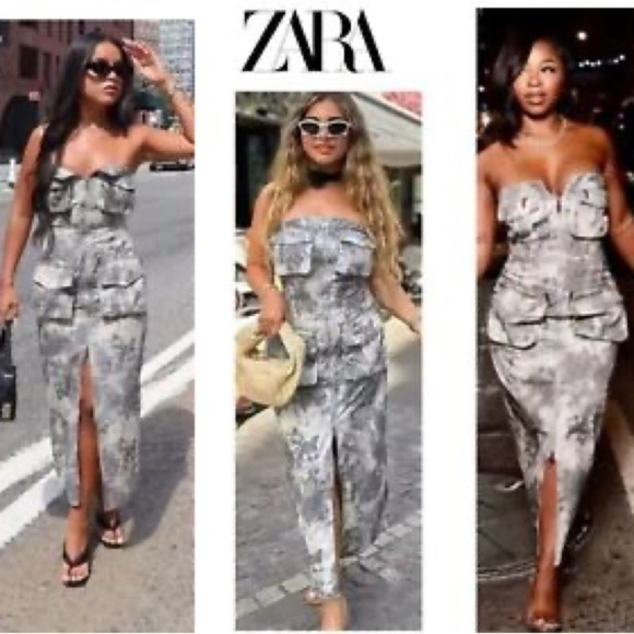 ZARA BLOGGER FAVORITE BANDEU CARGO STRAPLESS ZIP FRONT FITTED CAMO GRAY DRESS - Picture 3 of 12